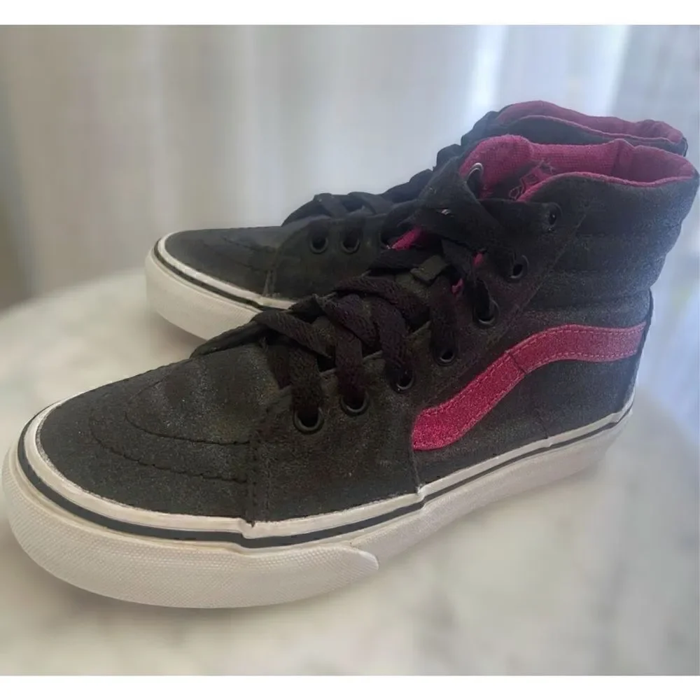 Vans Sk8-Hi Black And Pink Glitter High Top Sneakers Kids Size 2.5
